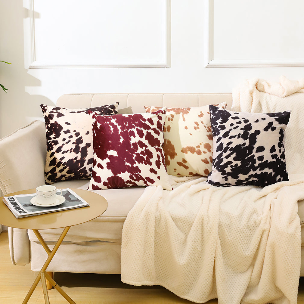 2 Pcs Cowhide Cow Skin Throw Pillow Covers Velvet Pillow Cases Farm Animal Brown Cow Skin Print Pillow Case Square Cushion Cover for Sofa Bedroom