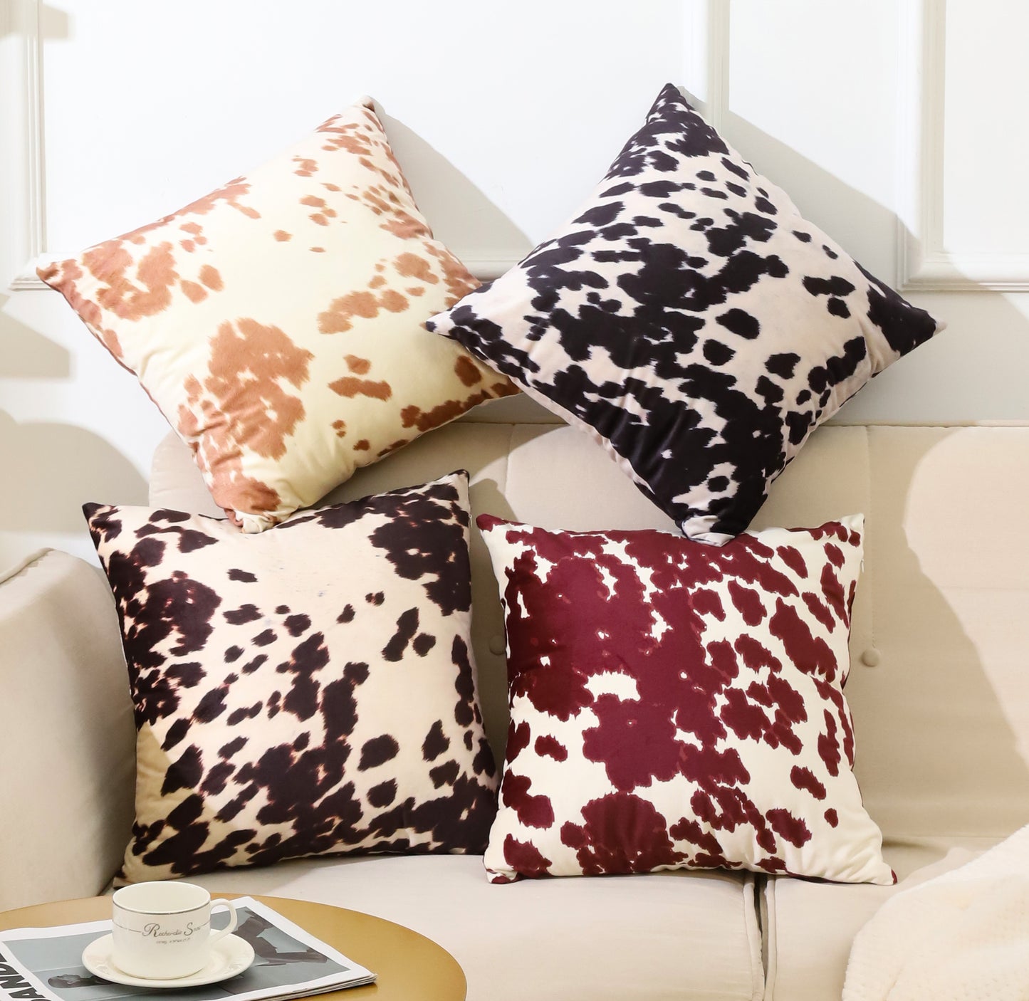 2 Pcs Cowhide Cow Skin Throw Pillow Covers Velvet Pillow Cases Farm Animal Brown Cow Skin Print Pillow Case Square Cushion Cover for Sofa Bedroom