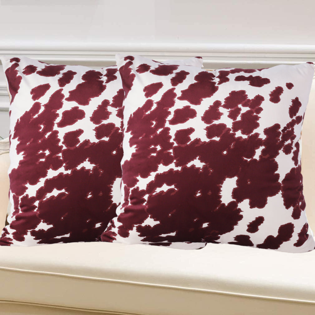 2 Pcs Cowhide Cow Skin Throw Pillow Covers Velvet Pillow Cases Farm Animal Brown Cow Skin Print Pillow Case Square Cushion Cover for Sofa Bedroom