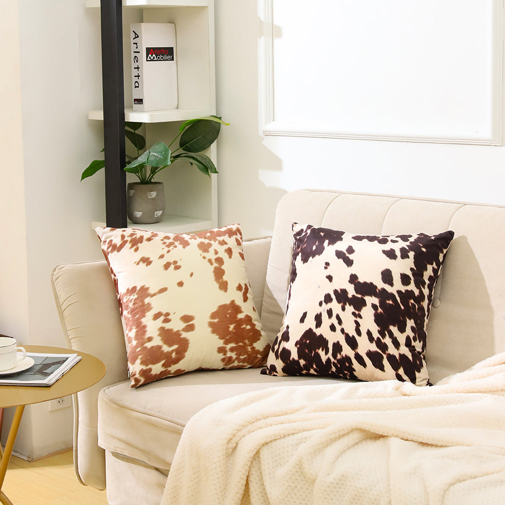 2 Pcs Cowhide Cow Skin Throw Pillow Covers Velvet Pillow Cases Farm Animal Brown Cow Skin Print Pillow Case Square Cushion Cover for Sofa Bedroom