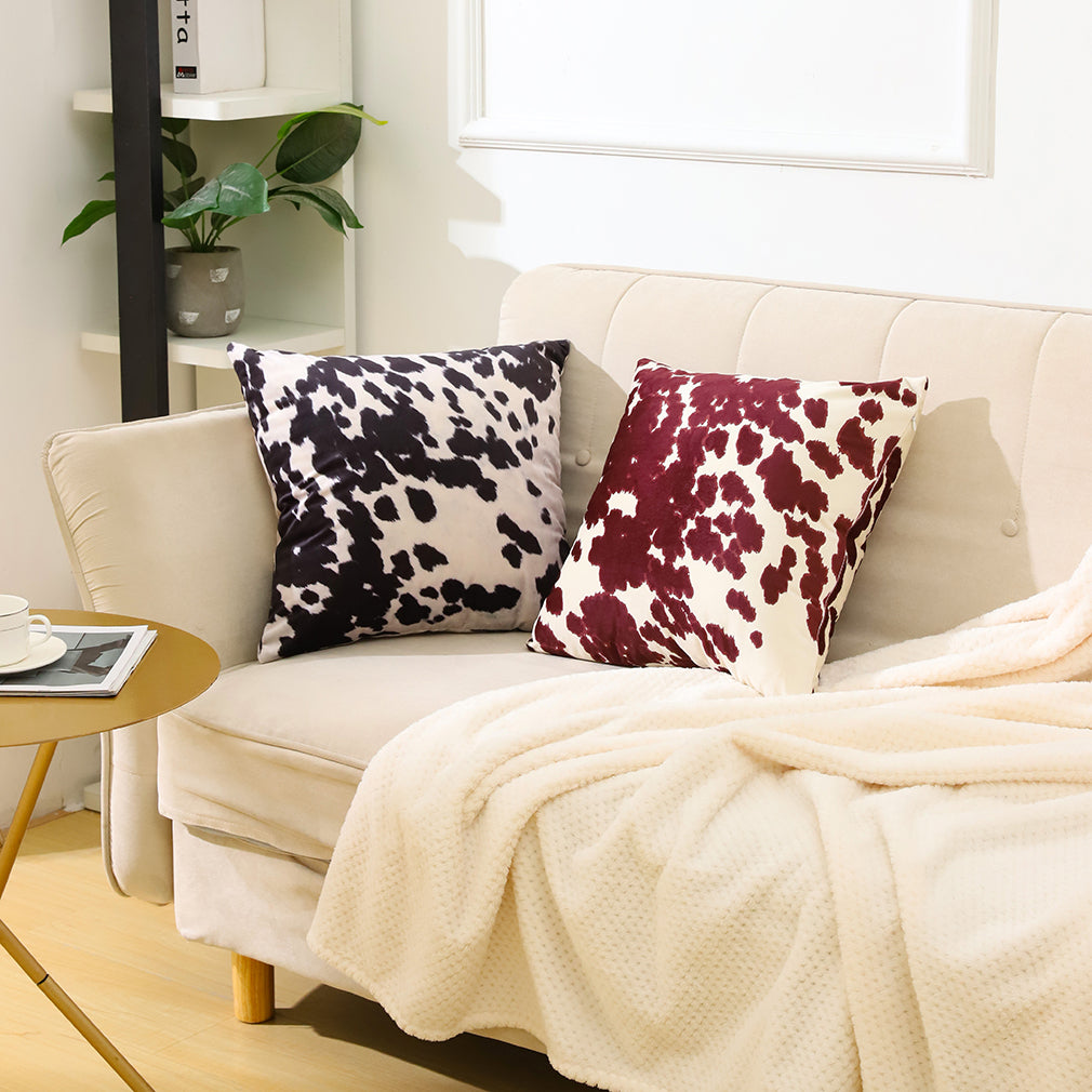 2 Pcs Cowhide Cow Skin Throw Pillow Covers Velvet Pillow Cases Farm Animal Brown Cow Skin Print Pillow Case Square Cushion Cover for Sofa Bedroom