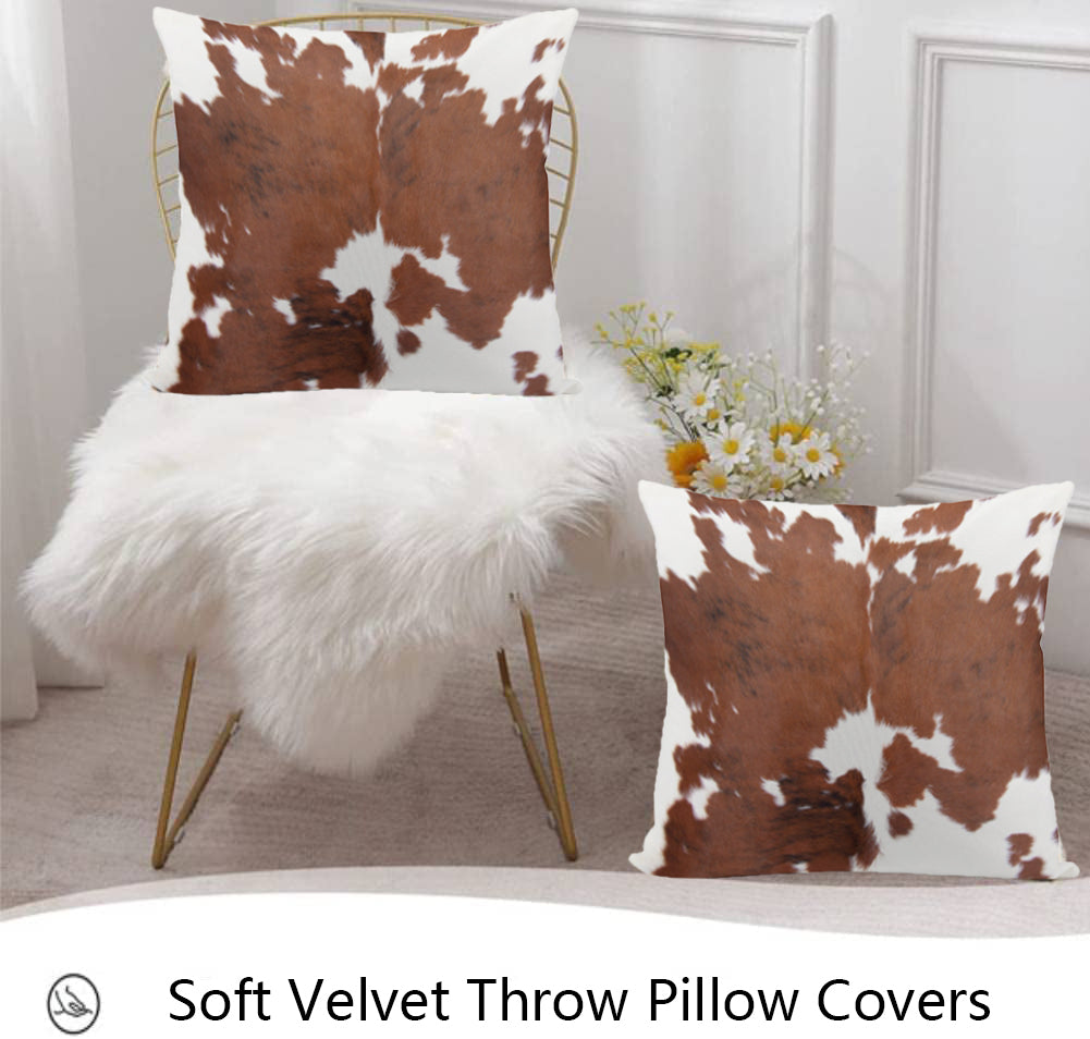 2 Pcs Cowhide Cow Skin Throw Pillow Covers Velvet Pillow Cases Farm Animal Brown Cow Skin Print Pillow Case Square Cushion Cover for Sofa Bedroom