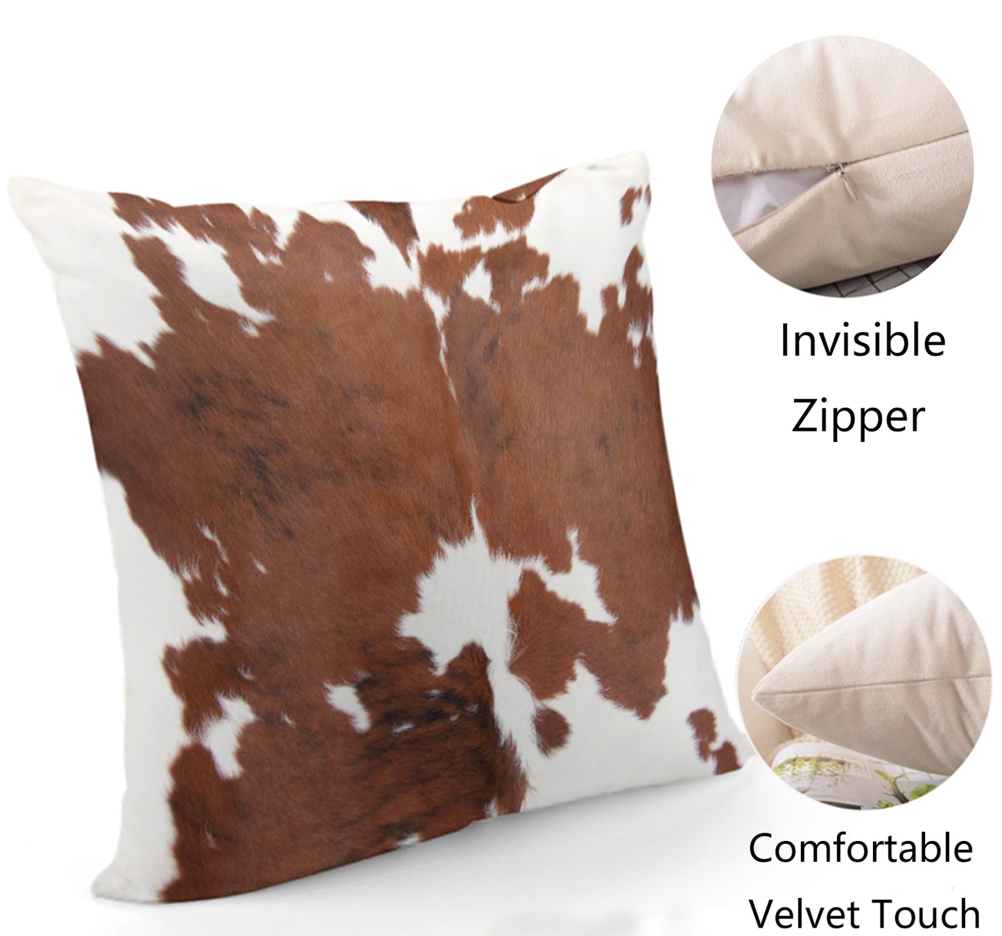 2 Pcs Cowhide Cow Skin Throw Pillow Covers Velvet Pillow Cases Farm Animal Brown Cow Skin Print Pillow Case Square Cushion Cover for Sofa Bedroom