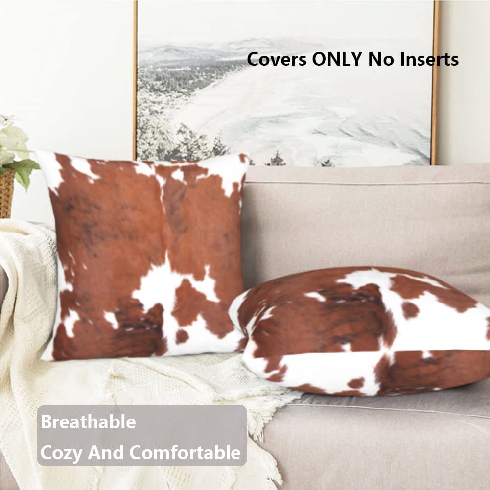 2 Pcs Cowhide Cow Skin Throw Pillow Covers Velvet Pillow Cases Farm Animal Brown Cow Skin Print Pillow Case Square Cushion Cover for Sofa Bedroom