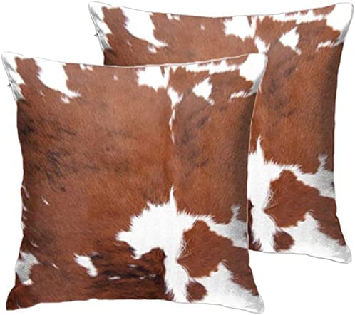 2 Pcs Cowhide Cow Skin Throw Pillow Covers Velvet Pillow Cases Farm Animal Brown Cow Skin Print Pillow Case Square Cushion Cover for Sofa Bedroom