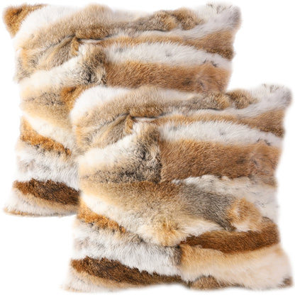 Entua Set of 2 Natural Fur Throw Pillow Covers Luxury Real Rabbit Fur Pillow Cover with Zipper Brown Soft Plush Farm Animal Hair Pillowcase for Holiday Home Couch Sofa Bedroom Decor