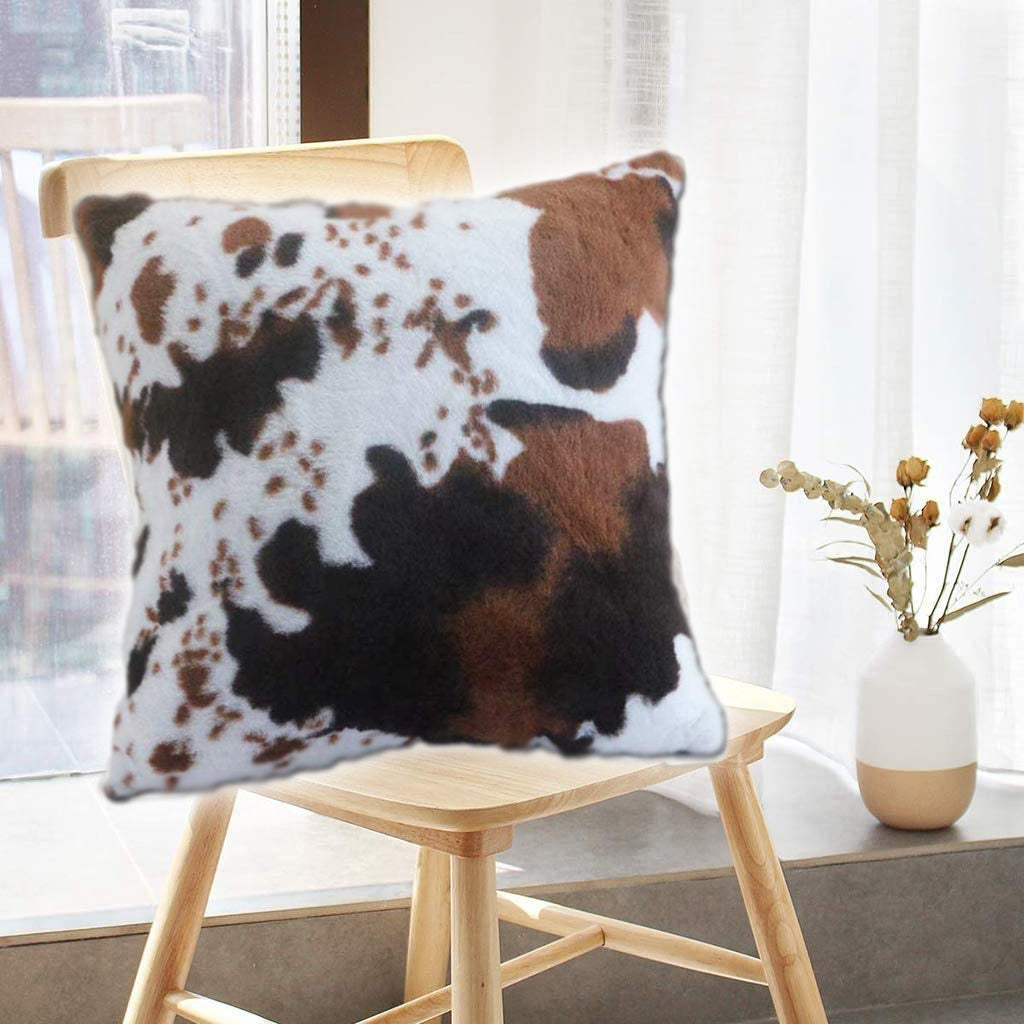 Entua 2 Pcs Faux Fur Cowhide Cow Throw Pillow Covers Animal Skin Print Pillow Cover Luxury Soft Plush Farmhouse Cushion Case for Sofa Home Couch Brown White Outdoor Pillowcase