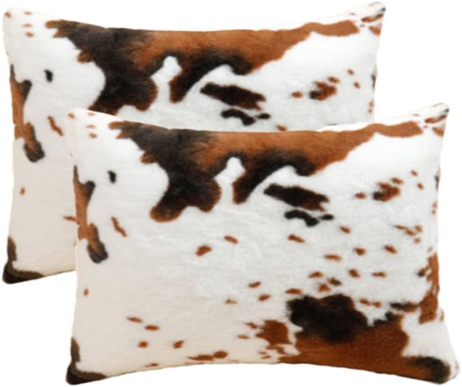 Soft Plush Faux Fur Cow Hide Skin Print Throw Pillow Covers Farm Animal Cushion Cover Set of 2 Decorative Farmhouse Pillowcase for Couch Sofa Chair Bedroom Living Room Brown White