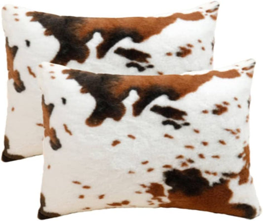 Soft Plush Faux Fur Cow Hide Skin Print Throw Pillow Covers Farm Animal Cushion Cover Set of 2 Decorative Farmhouse Pillowcase for Couch Sofa Chair Bedroom Living Room Brown White