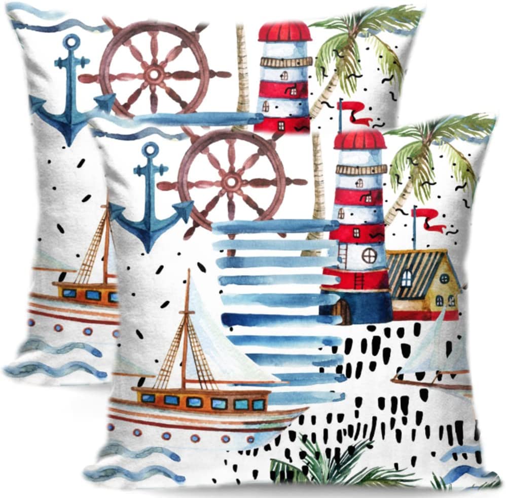 Nautical Coastal Beach Ocean Throw Pillow Covers Light House Sailboat Anchor Pillow Cover Navigation Plams Sea Waves Decor Velvet Couch Outdoor Sofa Cushion Cover for Bed