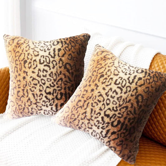 Soft Plush Luxury Faux Fur Animal Skin Throw Pillow Covers Soft Cozy Wild Animal Cheetah Fur Cushion Cover Double Sided Brown Gold Decorative Square Pillowcases for Couch Sofa