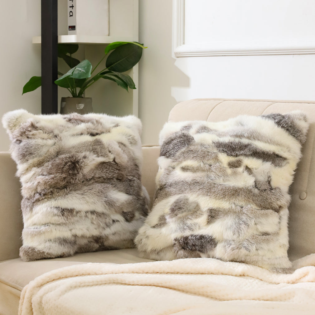 Entua Set of 2 Natural Fur Throw Pillow Covers Luxury Real Rabbit Fur Pillow Cover with Zipper Brown Soft Plush Farm Animal Hair Pillowcase for Holiday Home Couch Sofa Bedroom Decor