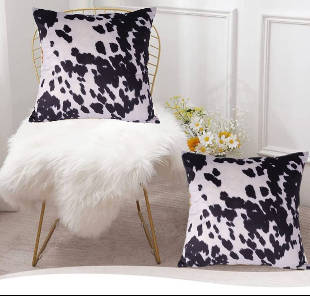 Cowhide Print Throw Pillow Covers Black White Cow Spots Pattern Farmhouse Cushion Case Soft Cow Fur Skin Farm Animal Decorative Accent Pillowcase 18x18 Inches Velvet