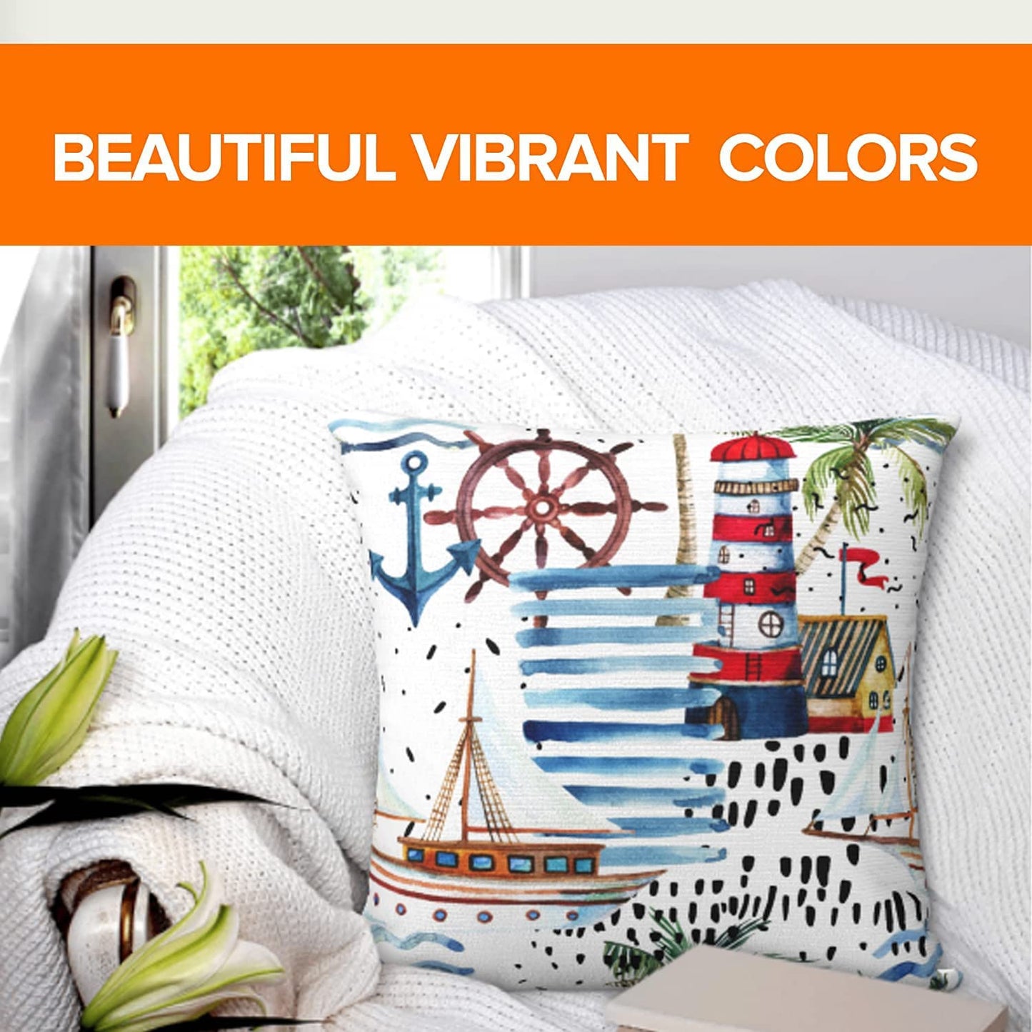 Nautical Coastal Beach Ocean Throw Pillow Covers Light House Sailboat Anchor Pillow Cover Navigation Plams Sea Waves Decor Velvet Couch Outdoor Sofa Cushion Cover for Bed