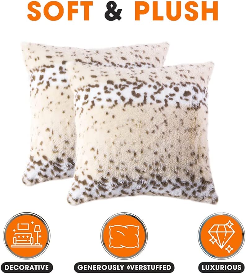 Soft Plush Luxury Faux Fur Animal Skin Throw Pillow Covers Soft Cozy Wild Animal Cheetah Fur Cushion Cover Double Sided Brown Gold Decorative Square Pillowcases for Couch Sofa