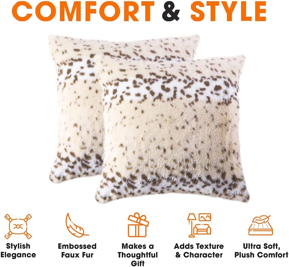 Soft Plush Luxury Faux Fur Animal Skin Throw Pillow Covers Soft Cozy Wild Animal Cheetah Fur Cushion Cover Double Sided Brown Gold Decorative Square Pillowcases for Couch Sofa