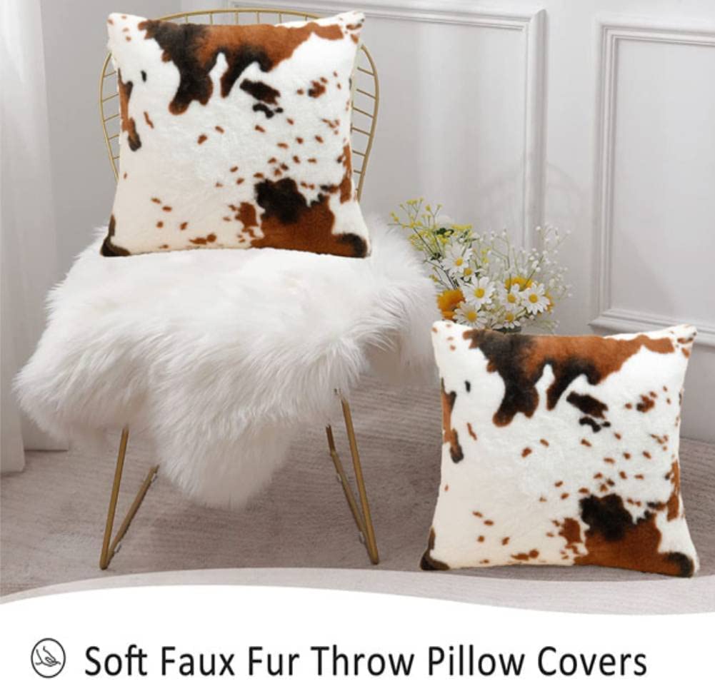 Soft Plush Faux Fur Cow Hide Skin Print Throw Pillow Covers Farm Animal Cushion Cover Set of 2 Decorative Farmhouse Pillowcase for Couch Sofa Chair Bedroom Living Room Brown White