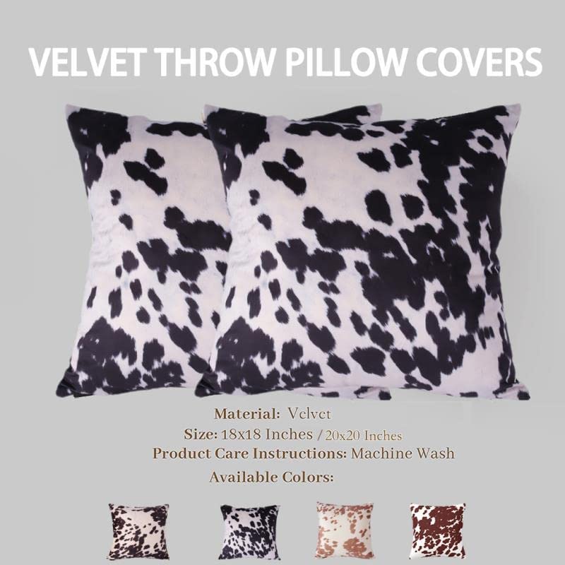 Cowhide Print Throw Pillow Covers Black White Cow Spots Pattern Farmhouse Cushion Case Soft Cow Fur Skin Farm Animal Decorative Accent Pillowcase 18x18 Inches Velvet