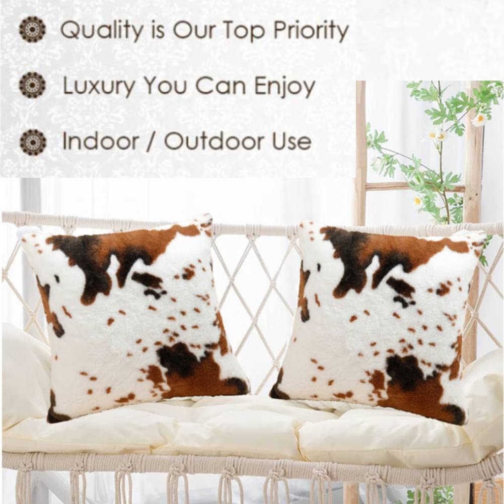 Soft Plush Faux Fur Cow Hide Skin Print Throw Pillow Covers Farm Animal Cushion Cover Set of 2 Decorative Farmhouse Pillowcase for Couch Sofa Chair Bedroom Living Room Brown White