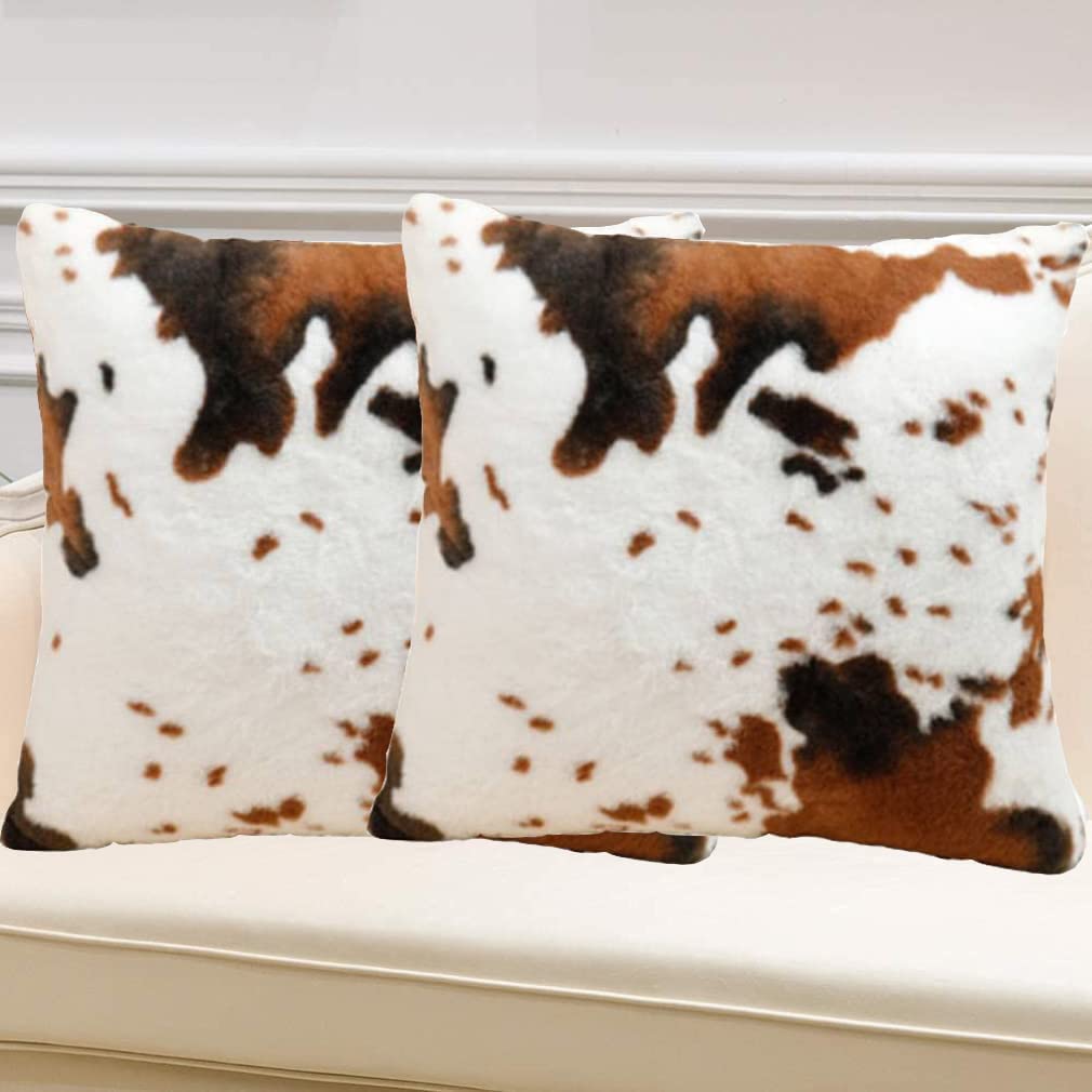 Soft Plush Faux Fur Cow Hide Skin Print Throw Pillow Covers Farm Animal Cushion Cover Set of 2 Decorative Farmhouse Pillowcase for Couch Sofa Chair Bedroom Living Room Brown White