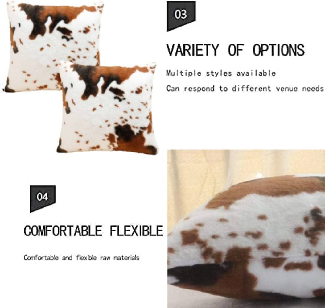 Soft Plush Faux Fur Cow Hide Skin Print Throw Pillow Covers Farm Animal Cushion Cover Set of 2 Decorative Farmhouse Pillowcase for Couch Sofa Chair Bedroom Living Room Brown White