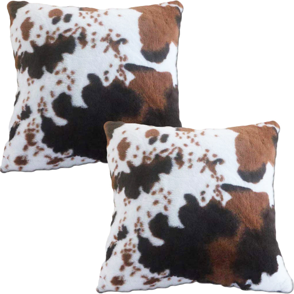 Entua 2 Pcs Faux Fur Cowhide Cow Throw Pillow Covers Animal Skin Print Pillow Cover Luxury Soft Plush Farmhouse Cushion Case for Sofa Home Couch Brown White Outdoor Pillowcase