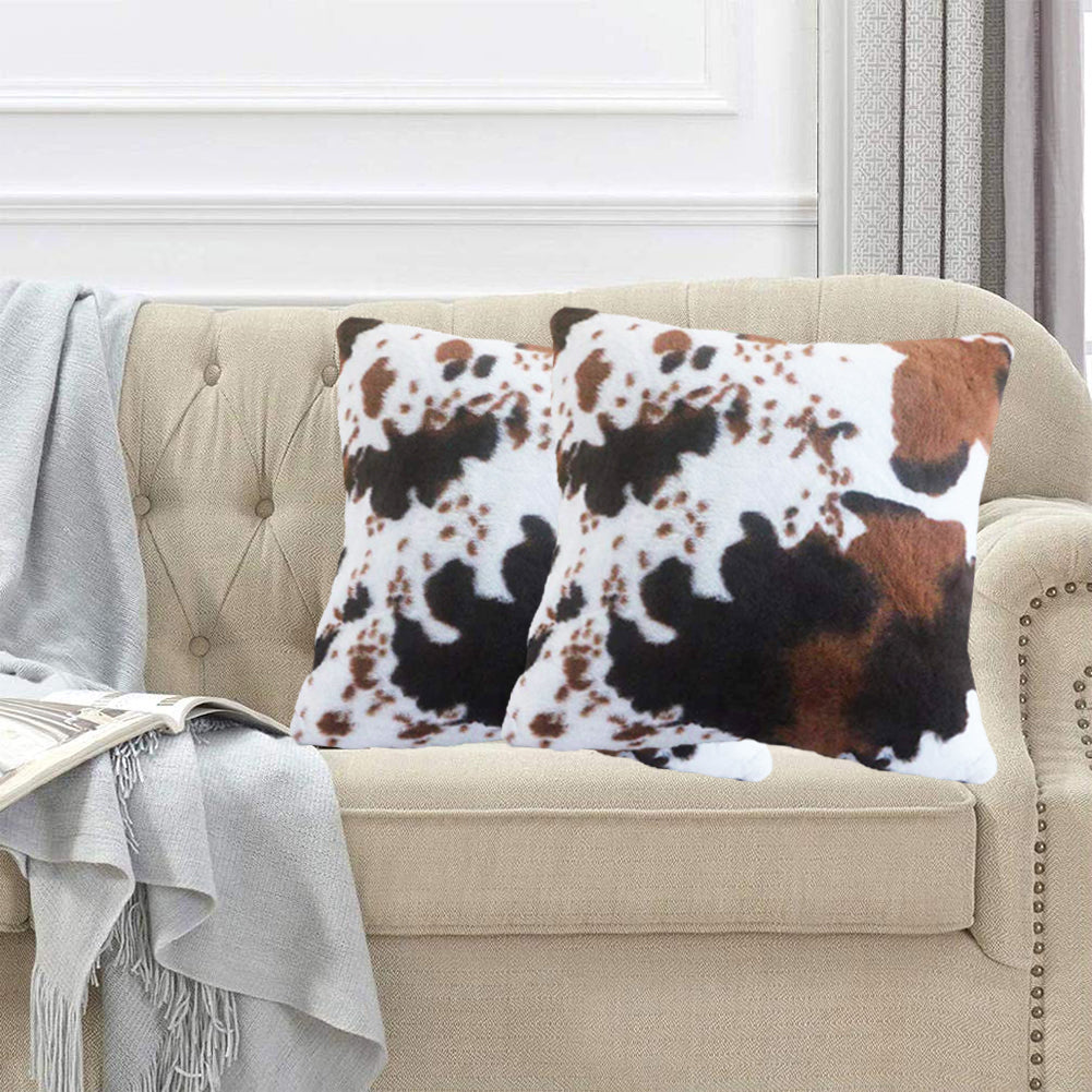 Entua 2 Pcs Faux Fur Cowhide Cow Throw Pillow Covers Animal Skin Print Pillow Cover Luxury Soft Plush Farmhouse Cushion Case for Sofa Home Couch Brown White Outdoor Pillowcase