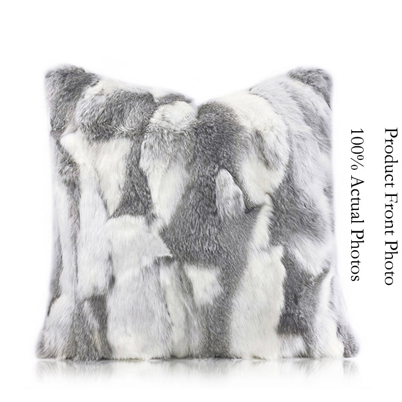 Natural Handcrafted Rabbit Fur Throw Pillow Covers, Real Rabbit Fur Pillow Case Luxury Animal Skin Cushion Cover Pillowcase Home Living Room Bedroom Grey 18 x 18