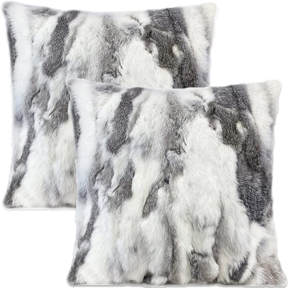 Entua Set of 2 Natural Fur Throw Pillow Covers Luxury Real Rabbit Fur Pillow Cover with Zipper Brown Soft Plush Farm Animal Hair Pillowcase for Holiday Home Couch Sofa Bedroom Decor